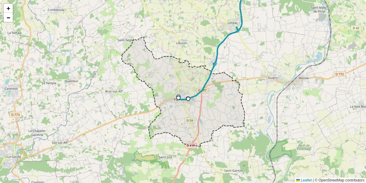 Carte du réseau de transport en commun à Pipriac - lignes de bus et arrêts