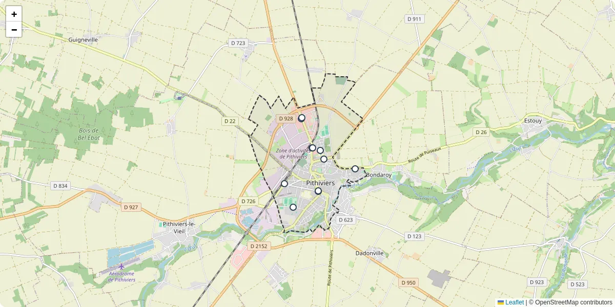 Carte du réseau de transport en commun à Pithiviers - lignes de bus et arrêts