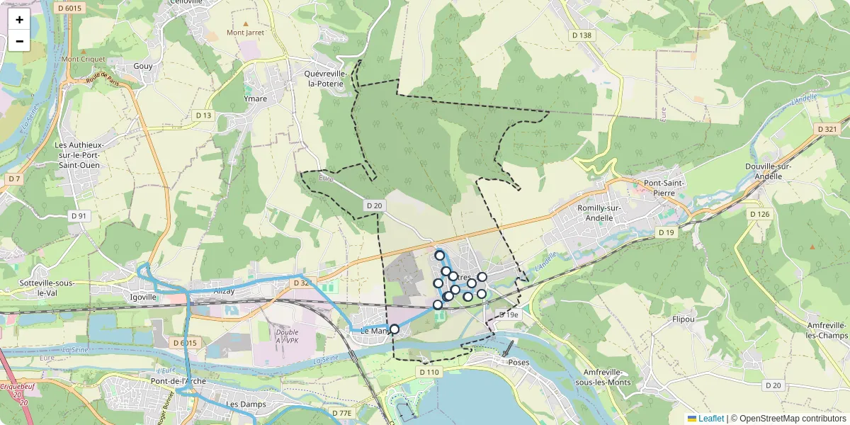 Carte du réseau de transport en commun à Pîtres - lignes de bus et arrêts