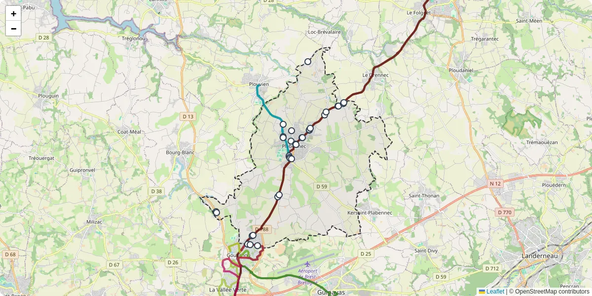 Carte du réseau de transport en commun à Plabennec - lignes de bus et arrêts