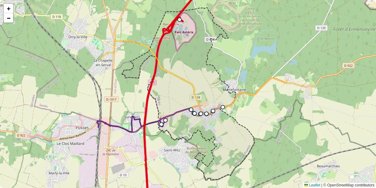 Carte du réseau de transport en commun à Plailly - lignes de bus et arrêts
