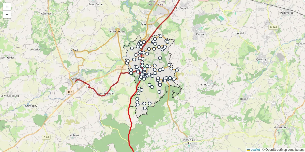 Carte du réseau de transport en commun à Plaintel - lignes de bus et arrêts