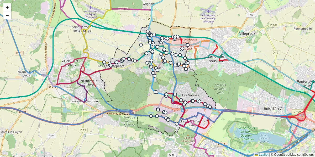 Carte du réseau de transport en commun à Plaisir - lignes de bus et arrêts