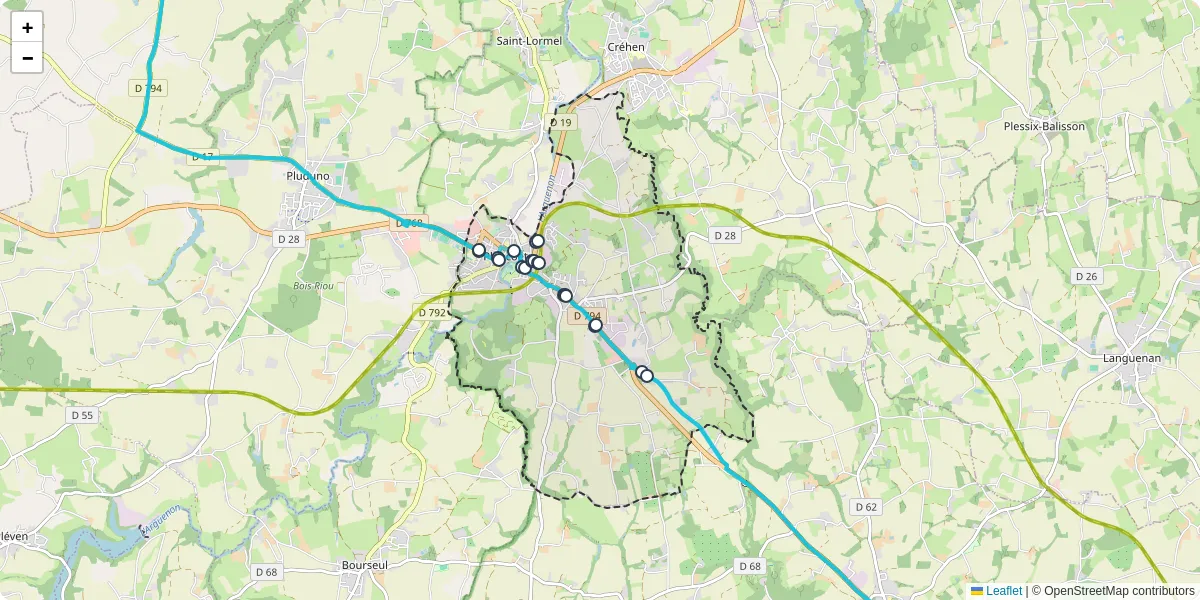 Carte du réseau de transport en commun à Plancoët - lignes de bus et arrêts