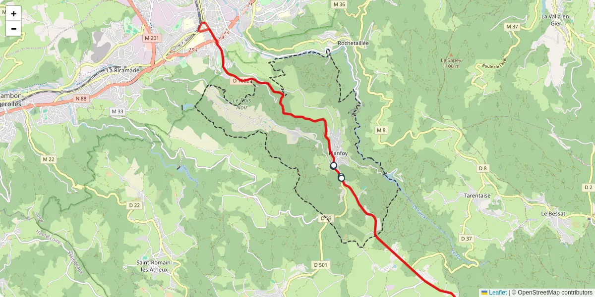 Carte du réseau de transport en commun à Planfoy - lignes de bus et arrêts