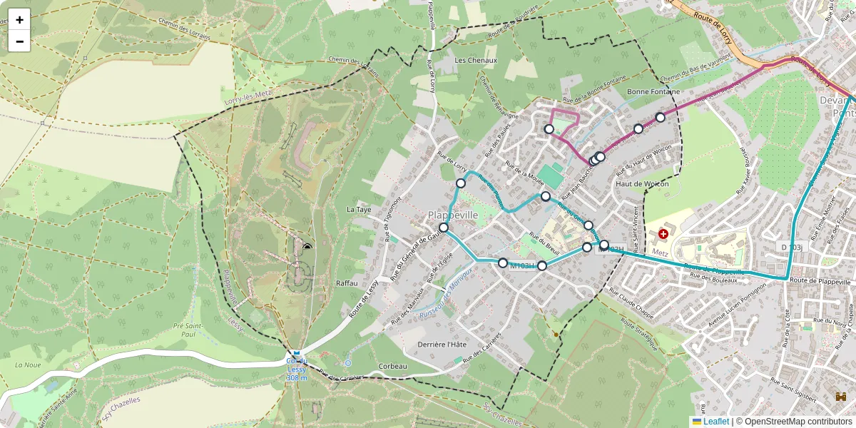 Carte du réseau de transport en commun à Plappeville - lignes de bus et arrêts