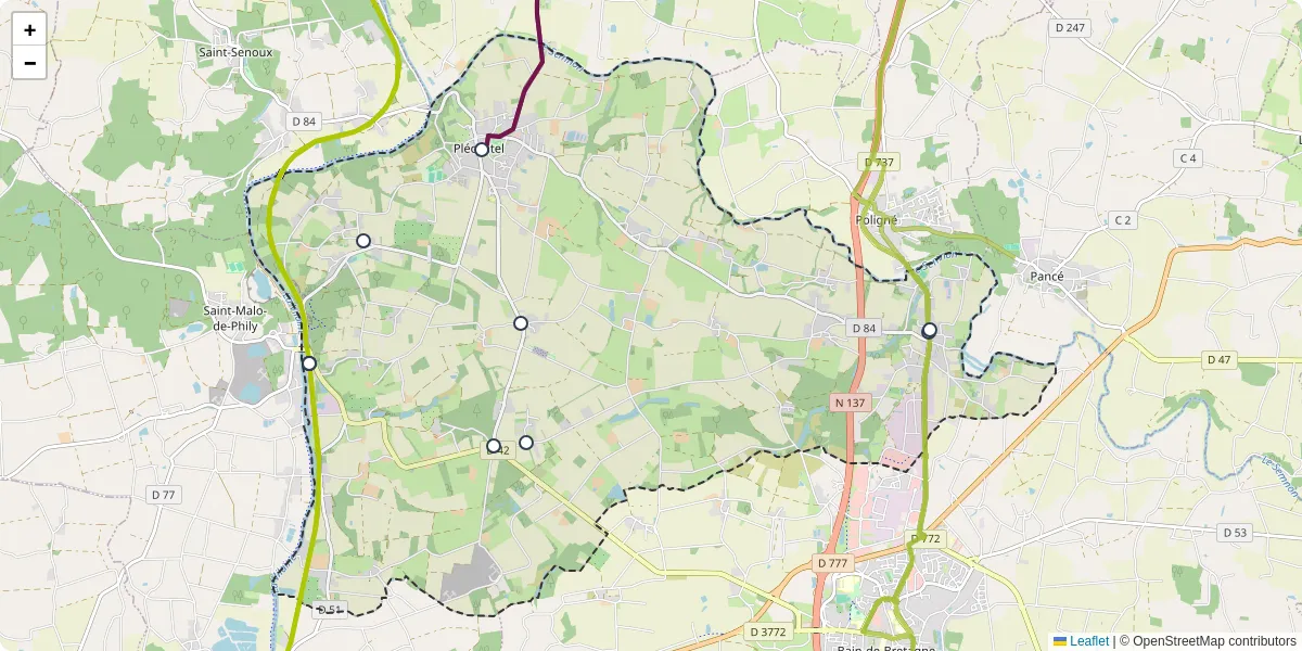 Carte du réseau de transport en commun à Pléchâtel - lignes de bus et arrêts