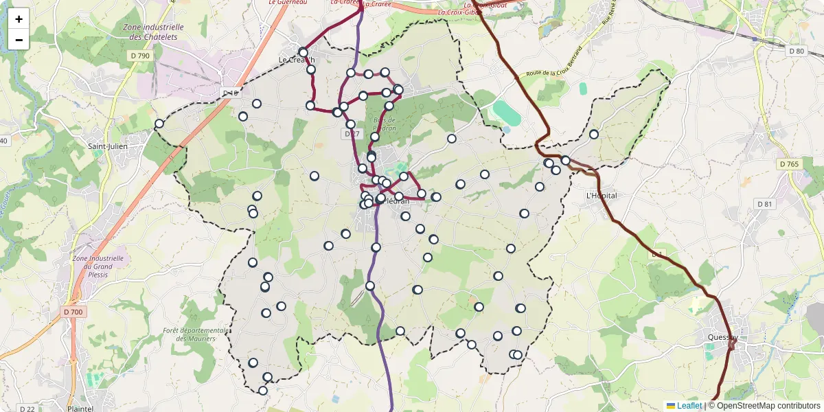 Carte du réseau de transport en commun à Plédran - lignes de bus et arrêts