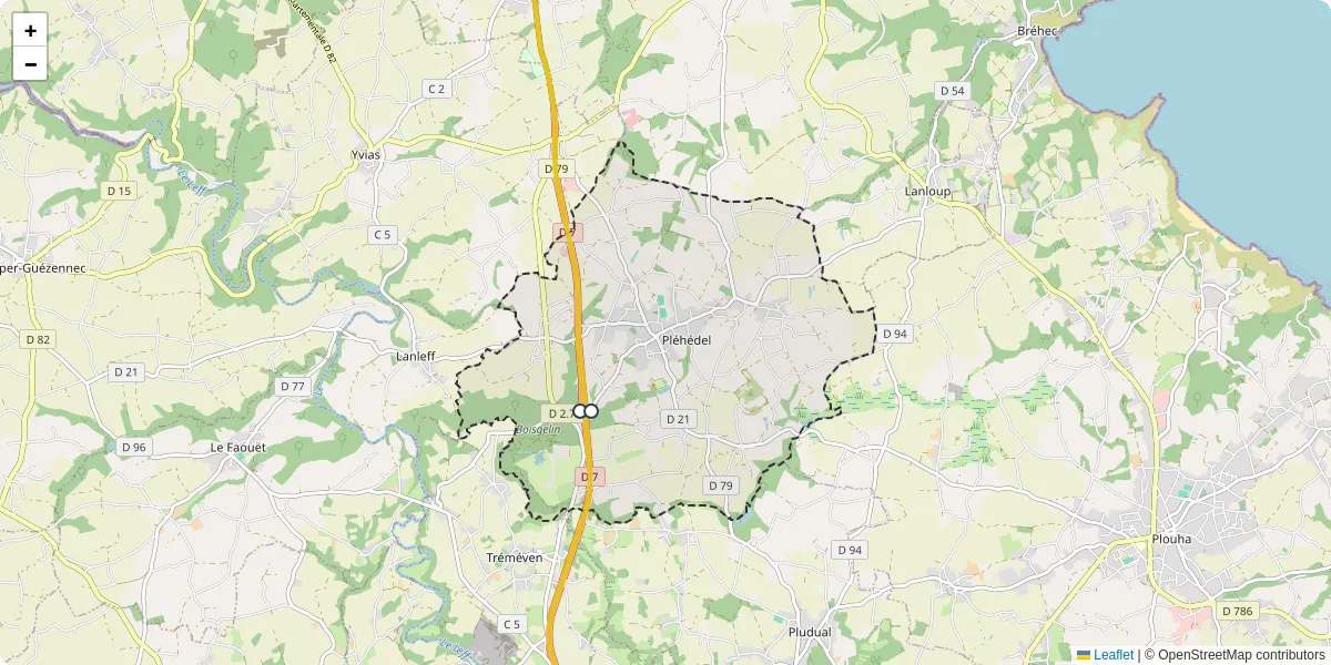 Carte du réseau de transport en commun à Pléhédel - lignes de bus et arrêts