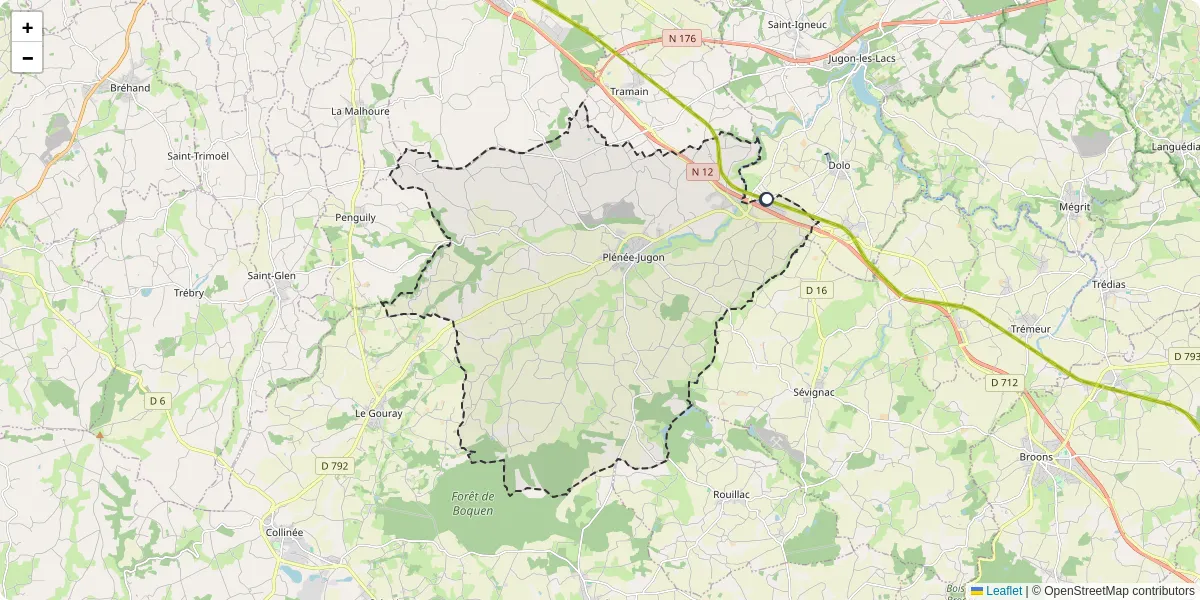 Carte du réseau de transport en commun à Plénée-Jugon - lignes de bus et arrêts