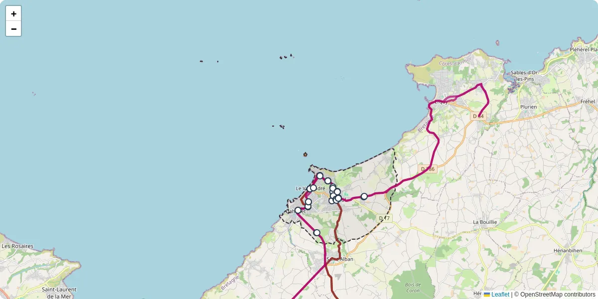 Carte du réseau de transport en commun à Pléneuf-Val-André - lignes de bus et arrêts