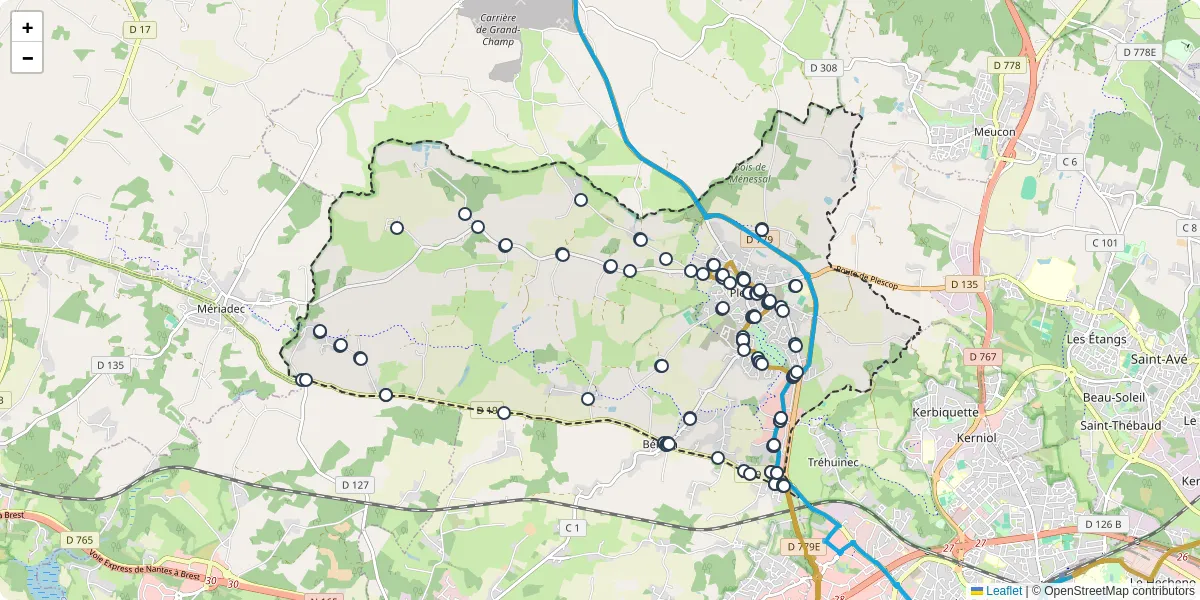Carte du réseau de transport en commun à Plescop - lignes de bus et arrêts