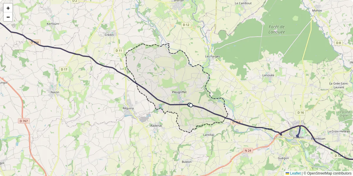 Carte du réseau de transport en commun à Pleugriffet - lignes de bus et arrêts