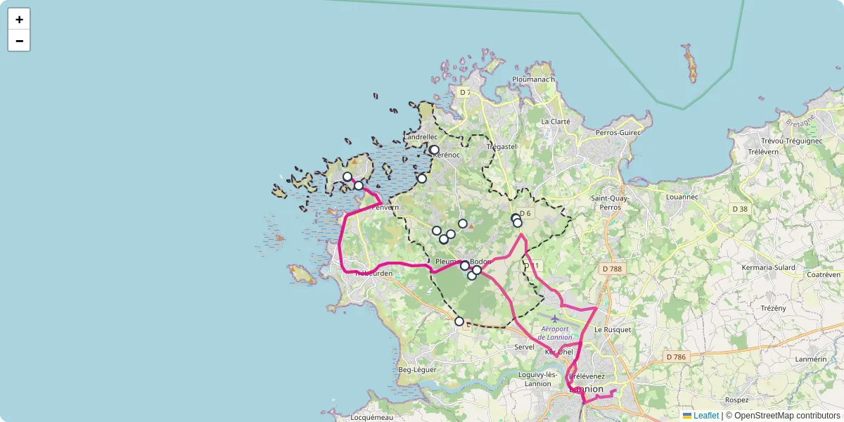 Carte du réseau de transport en commun à Pleumeur-Bodou - lignes de bus et arrêts
