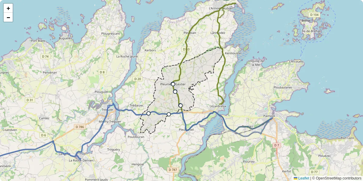 Carte du réseau de transport en commun à Pleumeur-Gautier - lignes de bus et arrêts