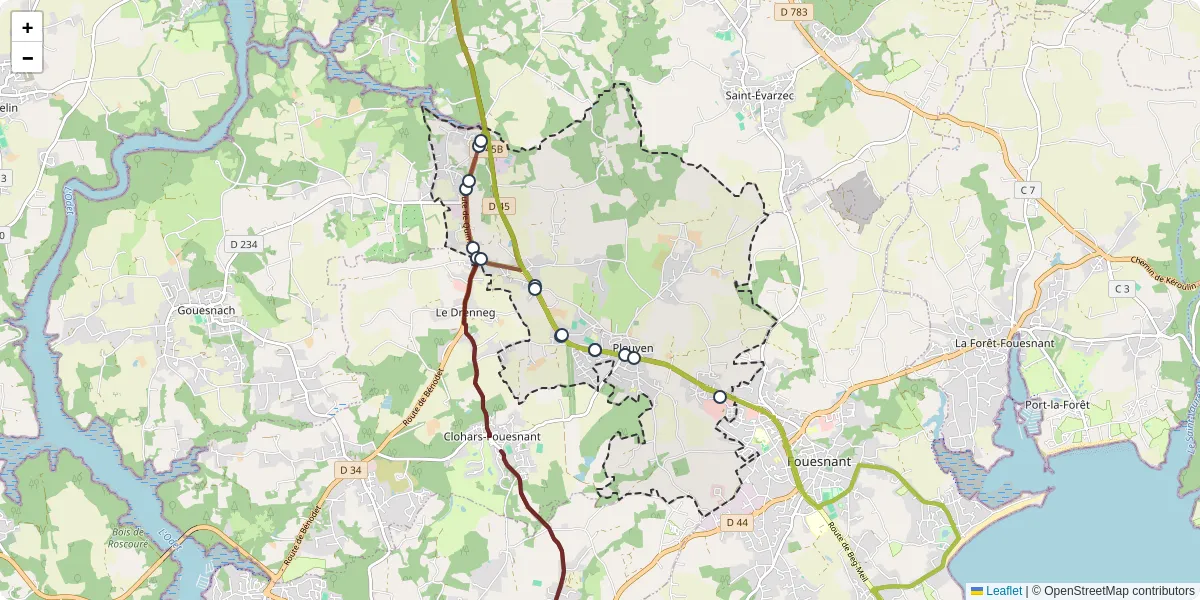 Carte du réseau de transport en commun à Pleuven - lignes de bus et arrêts