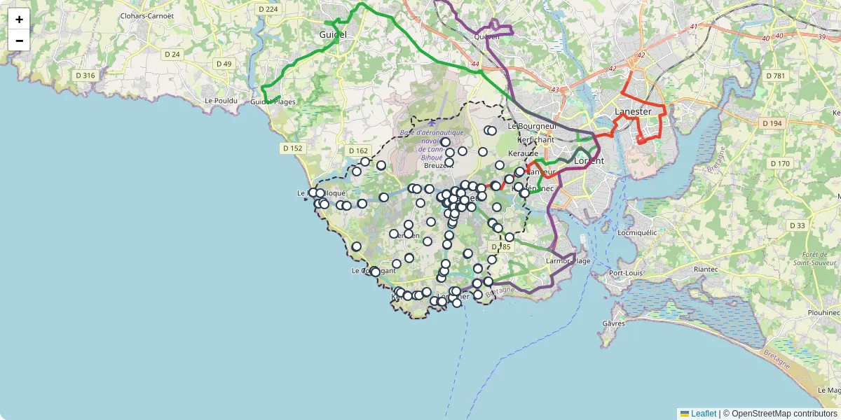 Carte du réseau de transport en commun à Plœmeur - lignes de bus et arrêts