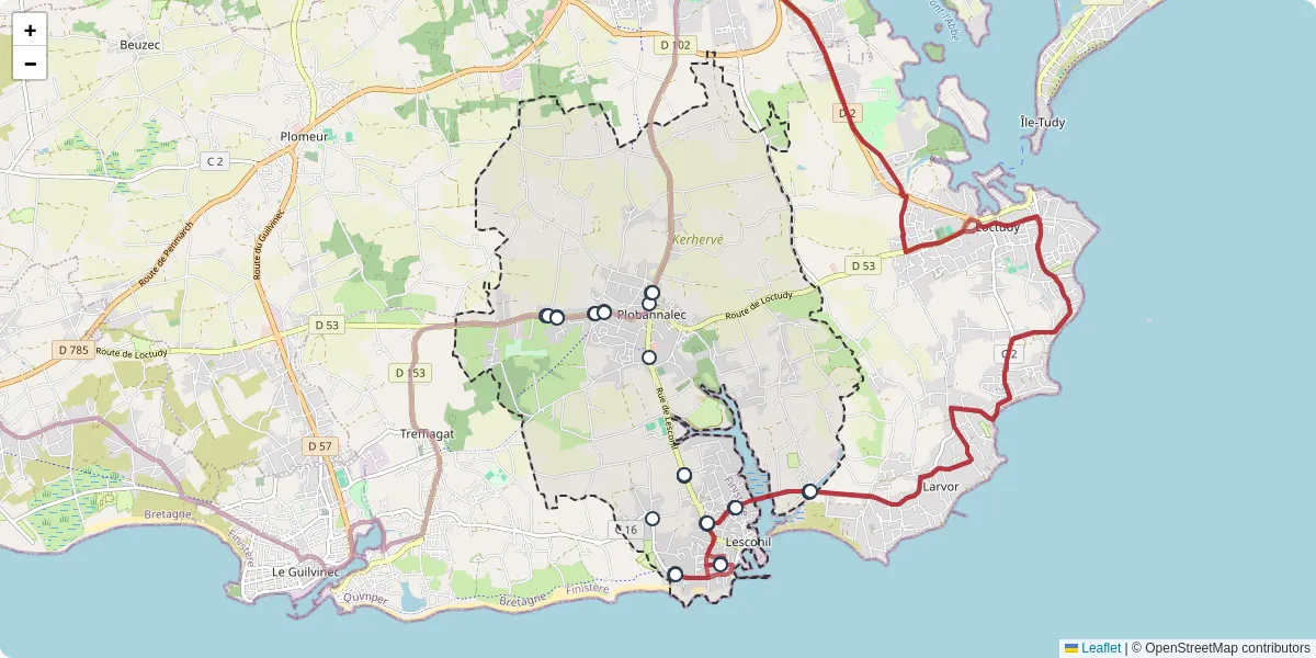 Carte du réseau de transport en commun à Plobannalec-Lesconil - lignes de bus et arrêts
