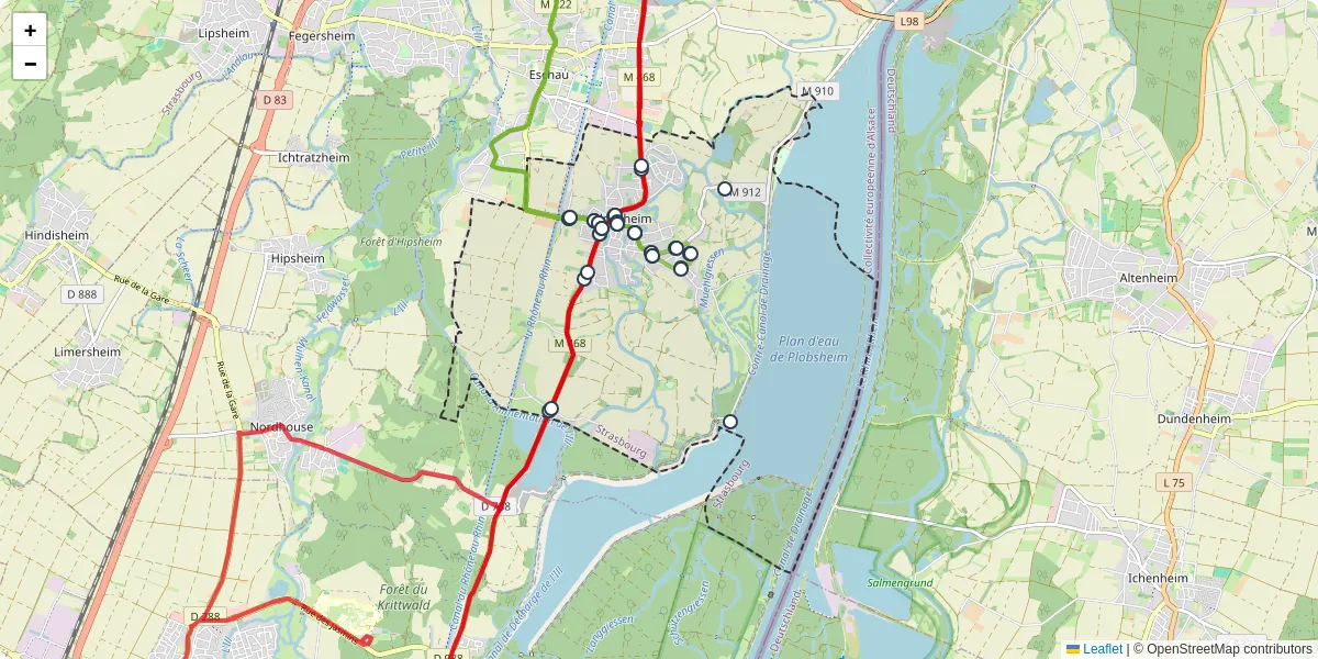 Carte du réseau de transport en commun à Plobsheim - lignes de bus et arrêts