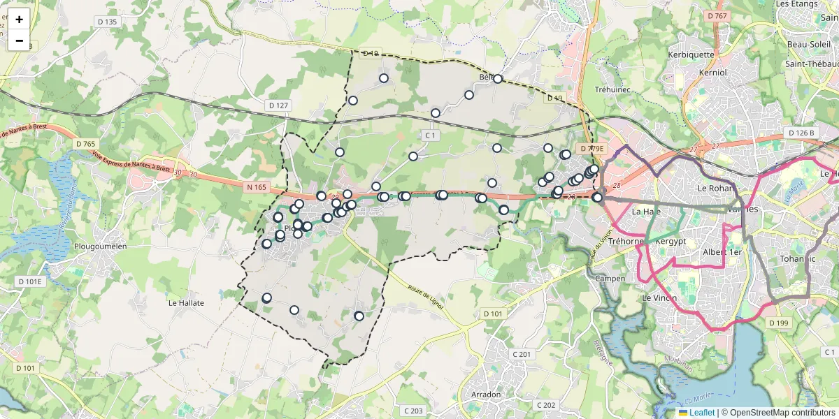 Carte du réseau de transport en commun à Ploeren - lignes de bus et arrêts