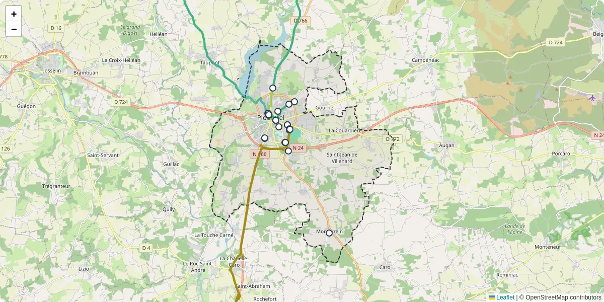 Carte du réseau de transport en commun à Ploërmel - lignes de bus et arrêts