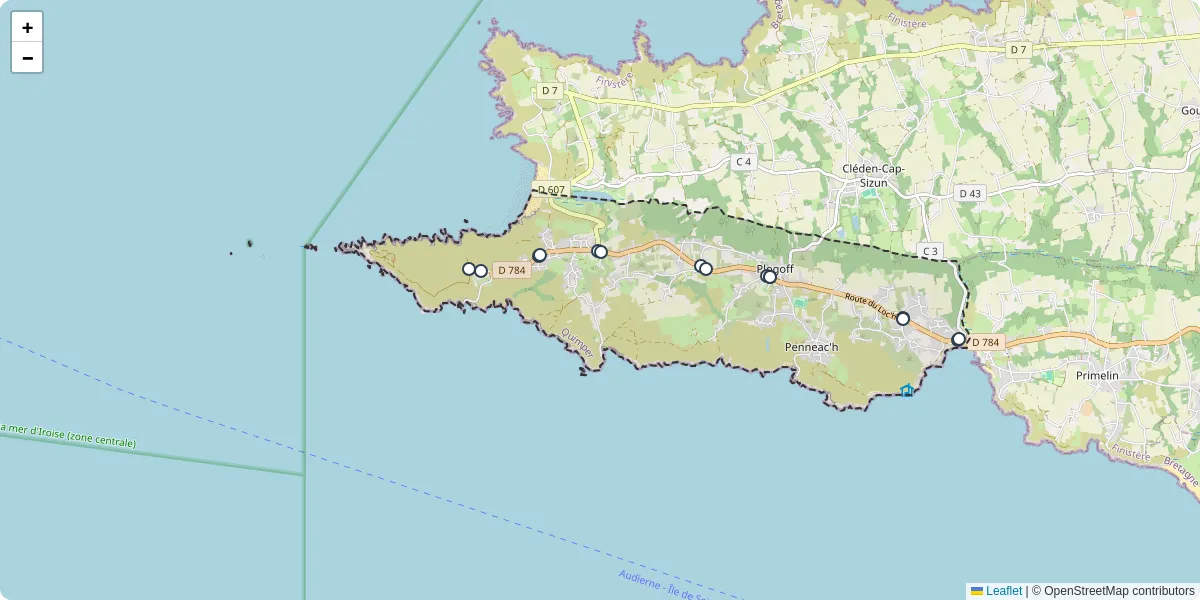 Carte du réseau de transport en commun à Plogoff - lignes de bus et arrêts