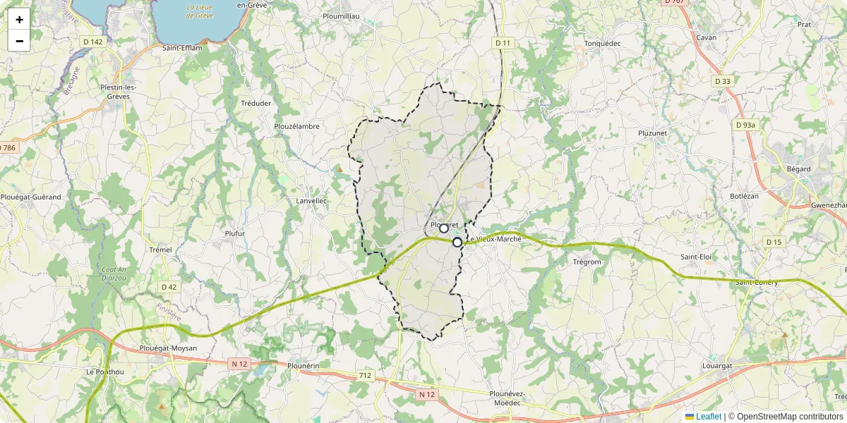 Carte du réseau de transport en commun à Plouaret - lignes de bus et arrêts