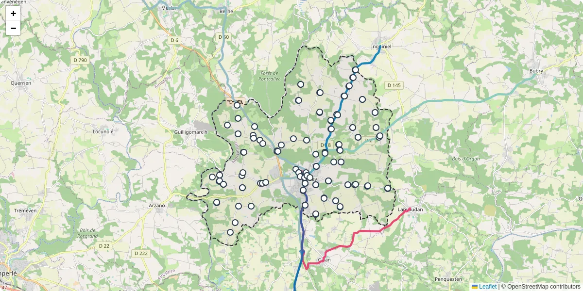Carte du réseau de transport en commun à Plouay - lignes de bus et arrêts