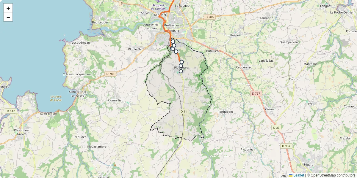 Carte du réseau de transport en commun à Ploubezre - lignes de bus et arrêts