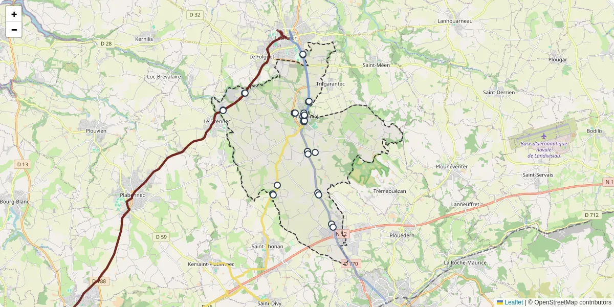 Carte du réseau de transport en commun à Ploudaniel - lignes de bus et arrêts