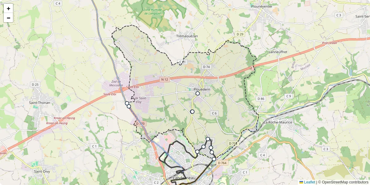 Carte du réseau de transport en commun à Plouédern - lignes de bus et arrêts