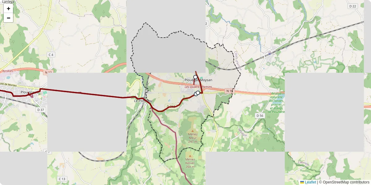 Carte du réseau de transport en commun à Plouégat-Moysan - lignes de bus et arrêts