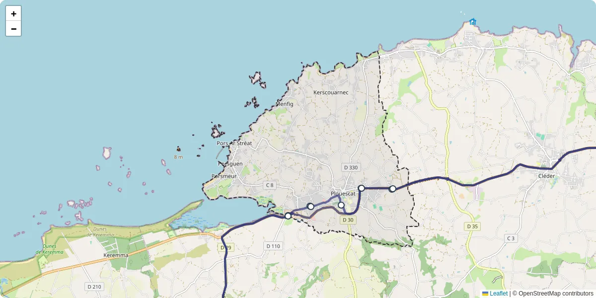 Carte du réseau de transport en commun à Plouescat - lignes de bus et arrêts