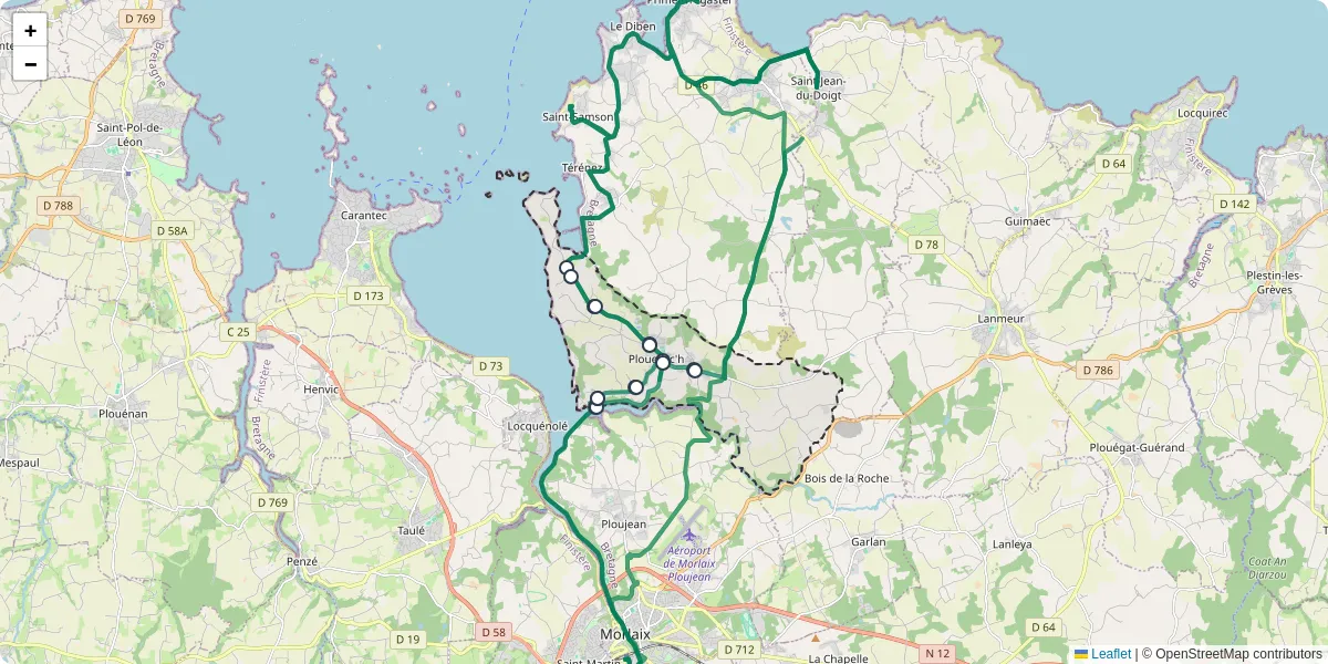 Carte du réseau de transport en commun à Plouezoc'h - lignes de bus et arrêts