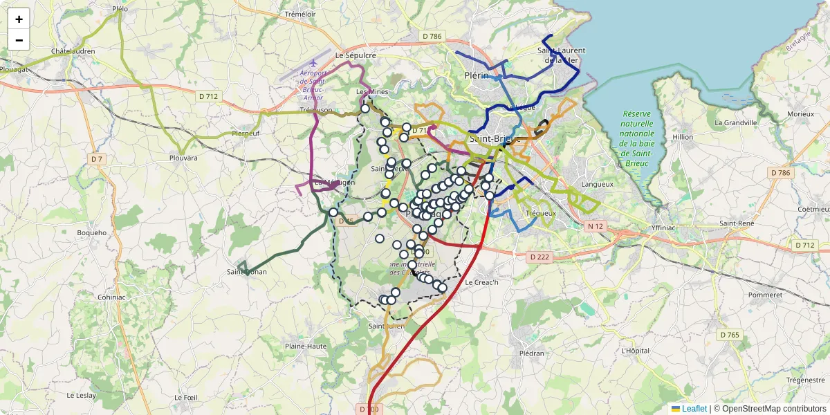 Carte du réseau de transport en commun à Ploufragan - lignes de bus et arrêts