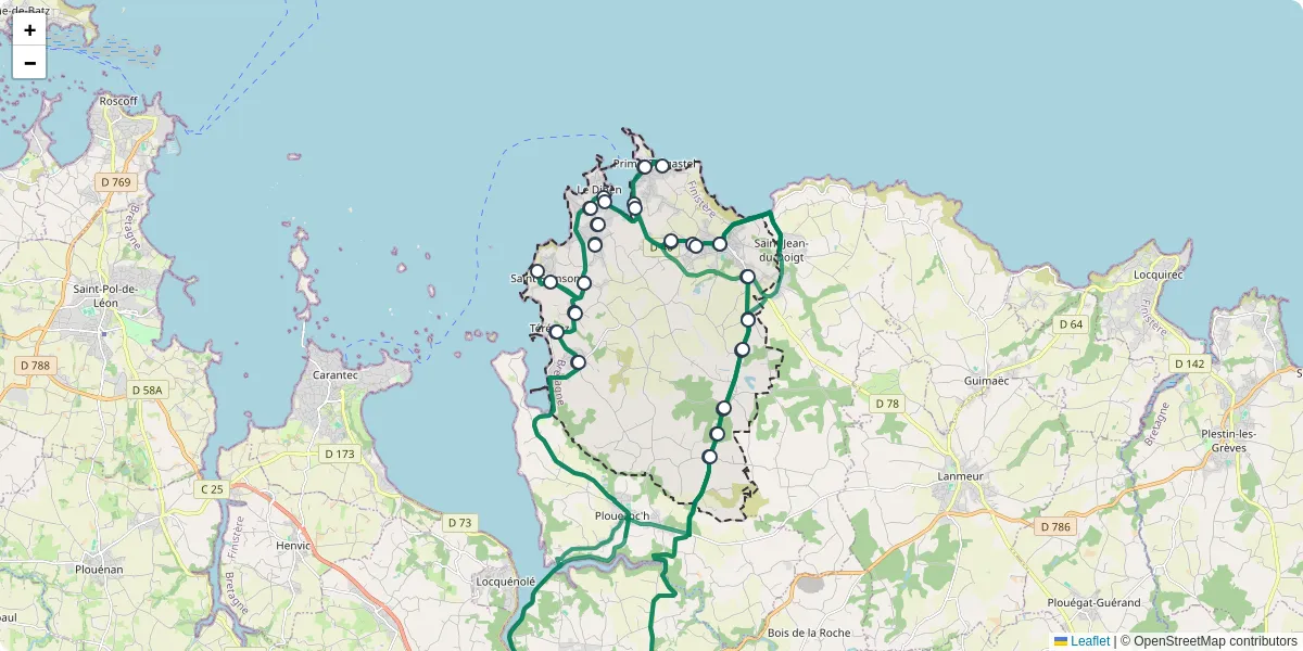 Carte du réseau de transport en commun à Plougasnou - lignes de bus et arrêts