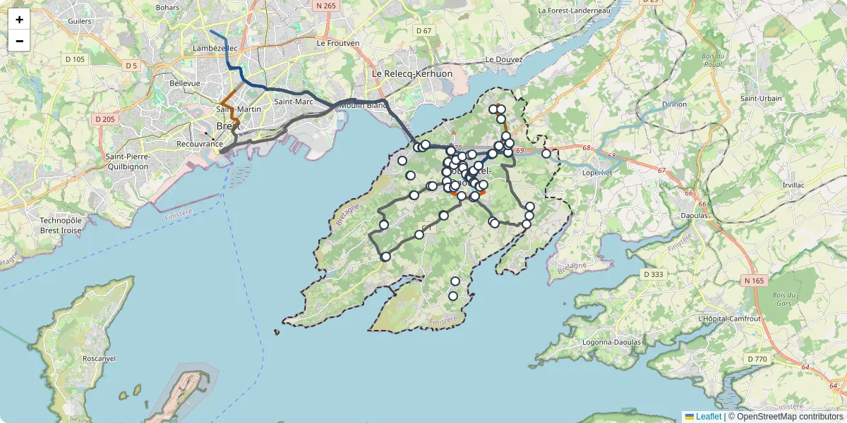 Carte du réseau de transport en commun à Plougastel-Daoulas - lignes de bus et arrêts