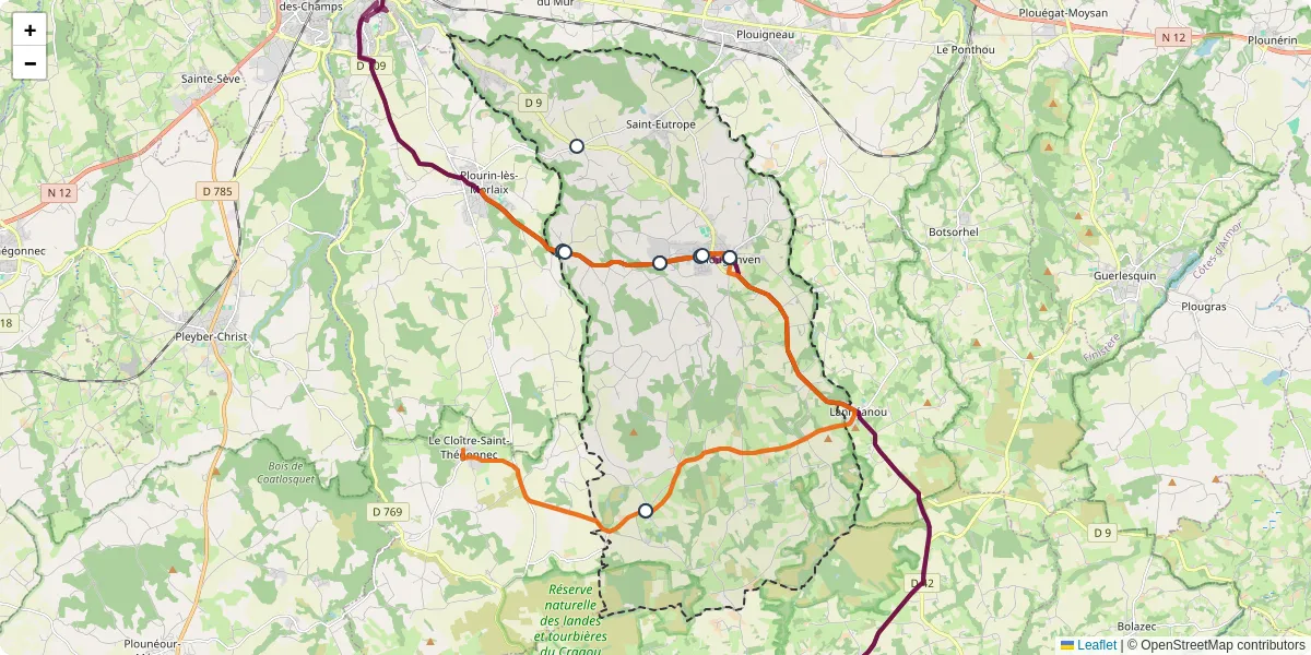 Carte du réseau de transport en commun à Plougonven - lignes de bus et arrêts