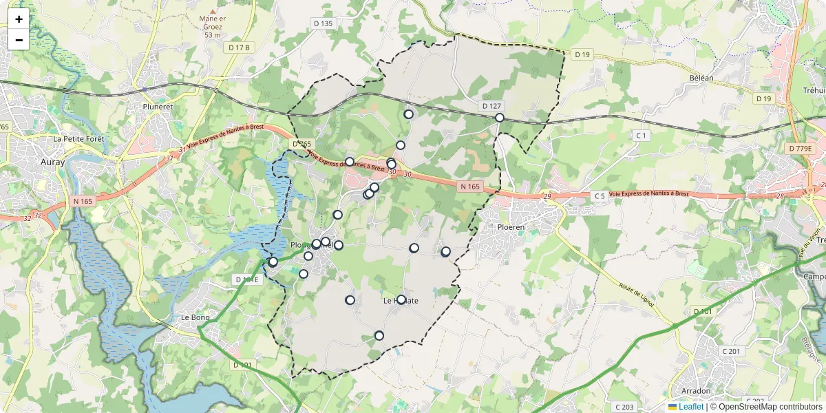 Carte du réseau de transport en commun à Plougoumelen - lignes de bus et arrêts