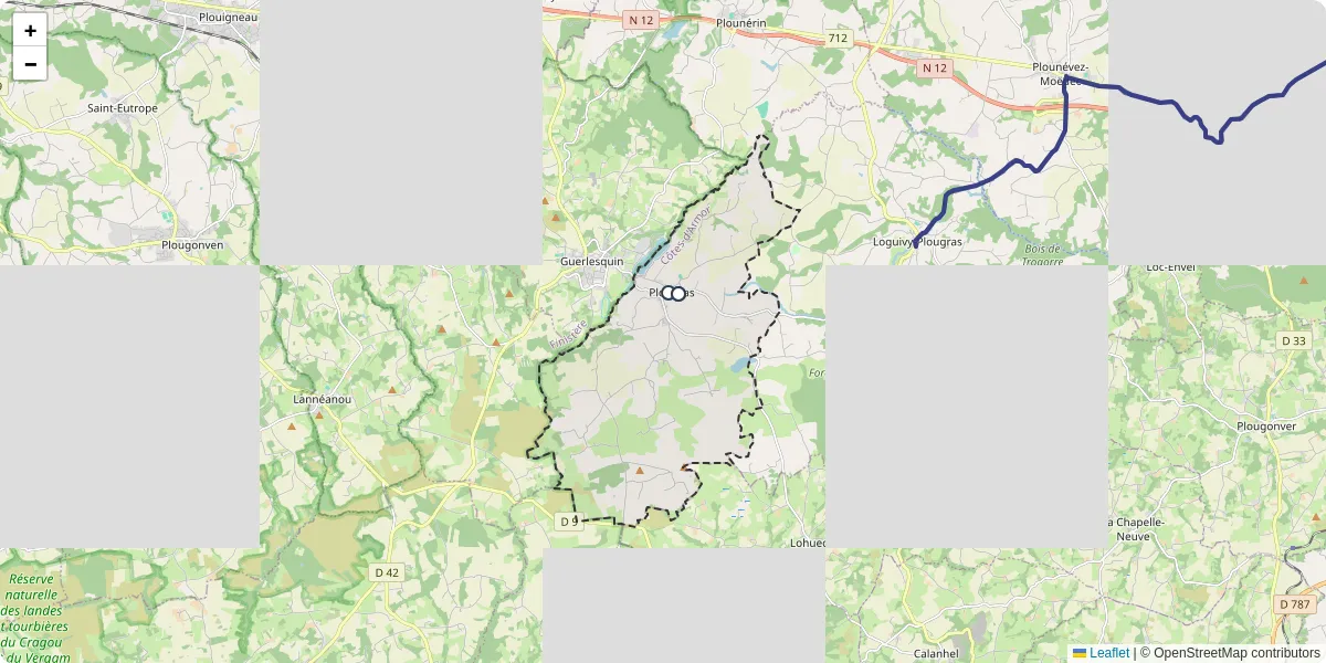 Carte du réseau de transport en commun à Plougras - lignes de bus et arrêts