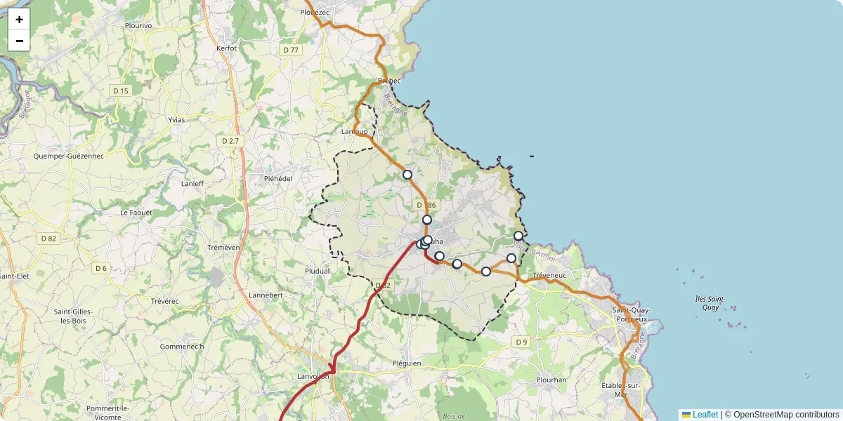Carte du réseau de transport en commun à Plouha - lignes de bus et arrêts