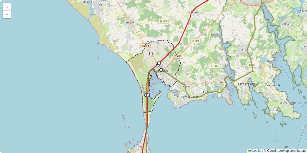 Carte du réseau de transport en commun à Plouharnel - lignes de bus et arrêts