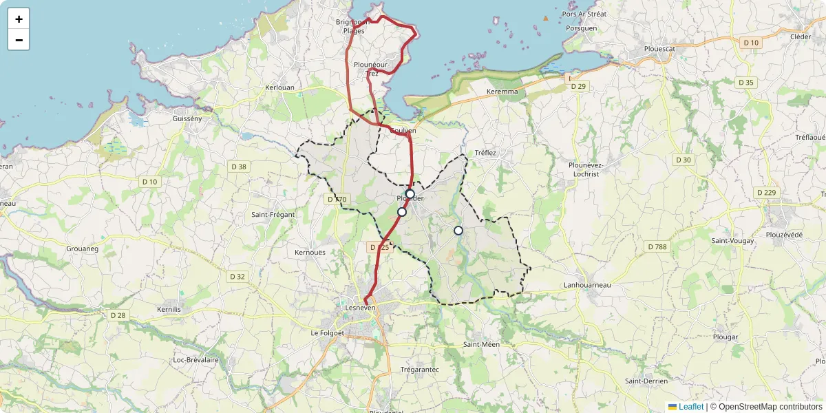 Carte du réseau de transport en commun à Plouider - lignes de bus et arrêts