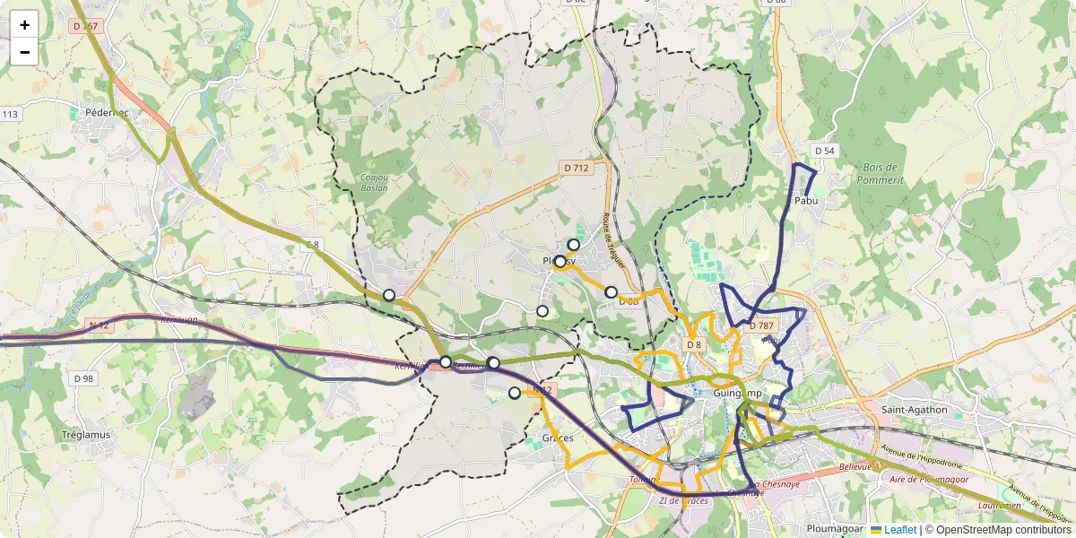 Carte du réseau de transport en commun à Plouisy - lignes de bus et arrêts