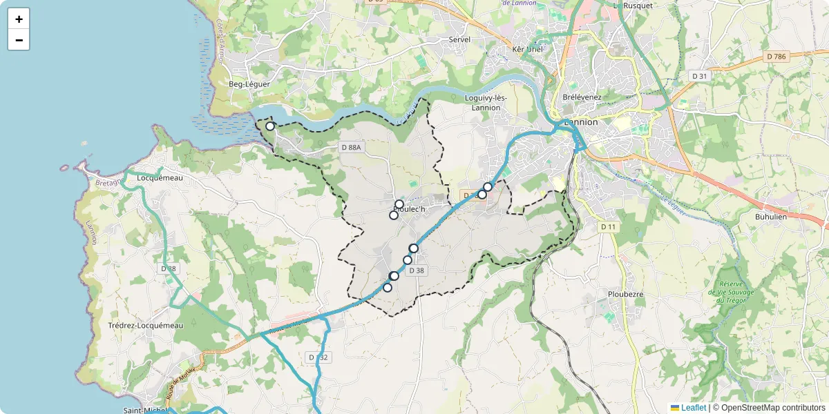 Carte du réseau de transport en commun à Ploulec'h - lignes de bus et arrêts