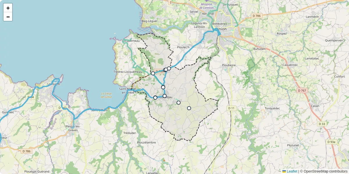Carte du réseau de transport en commun à Ploumilliau - lignes de bus et arrêts