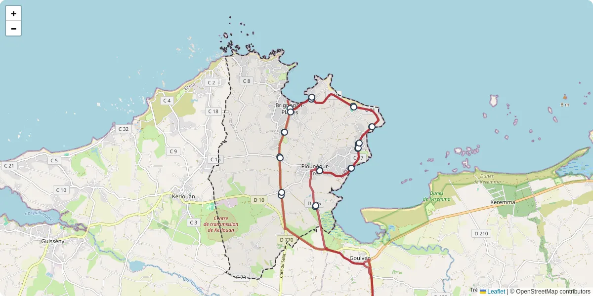 Carte du réseau de transport en commun à Plounéour-Brignogan-Plages - lignes de bus et arrêts