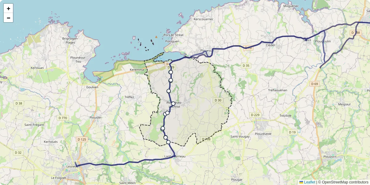 Carte du réseau de transport en commun à Plounévez-Lochrist - lignes de bus et arrêts
