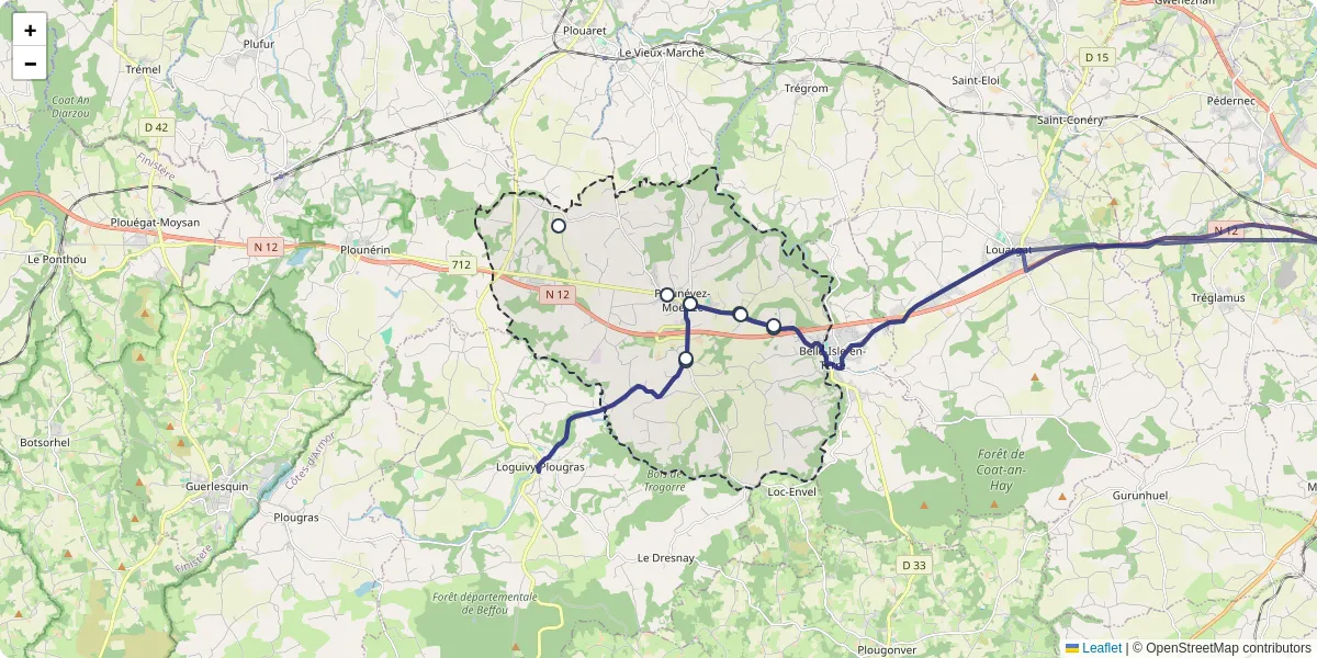 Carte du réseau de transport en commun à Plounévez-Moëdec - lignes de bus et arrêts