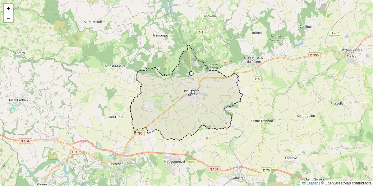 Carte du réseau de transport en commun à Plounévez-Quintin - lignes de bus et arrêts